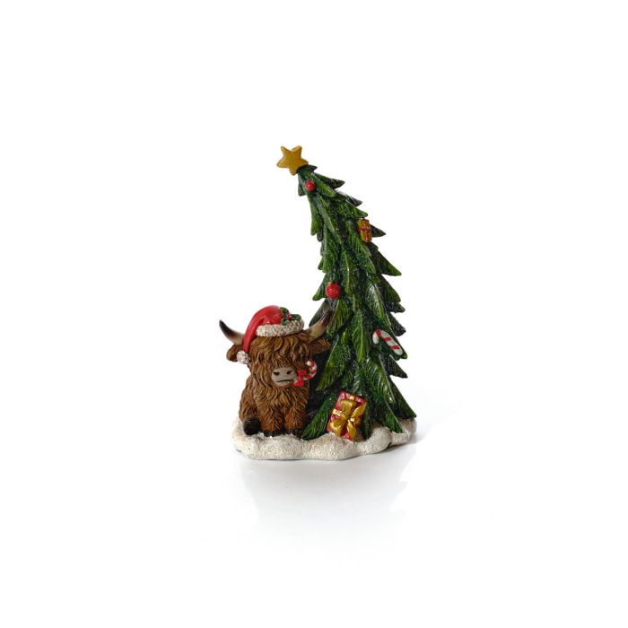 CHRISTMAS RESIN HIGHLAND COW WITH TREE ORNAMENT