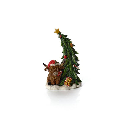 CHRISTMAS RESIN HIGHLAND COW WITH TREE ORNAMENT