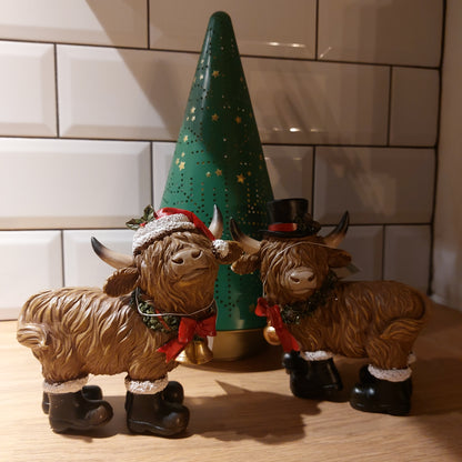 CHRISTMAS RESIN HIGHLAND COW WITH BOOTS, SANTA HAT AND SCARF ORNAMENT