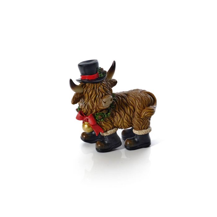 CHRISTMAS RESIN HIGHLAND COW WITH BOOTS TOP HAT AND SCARF ORNAMENT