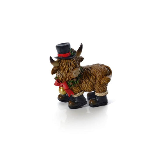 CHRISTMAS RESIN HIGHLAND COW WITH BOOTS TOP HAT AND SCARF ORNAMENT