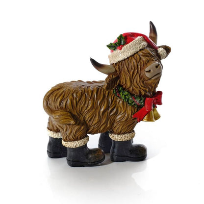 CHRISTMAS RESIN HIGHLAND COW WITH BOOTS, SANTA HAT AND SCARF ORNAMENT