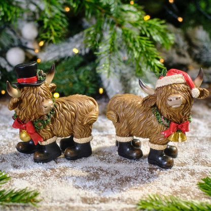 CHRISTMAS RESIN HIGHLAND COW WITH BOOTS, SANTA HAT AND SCARF ORNAMENT